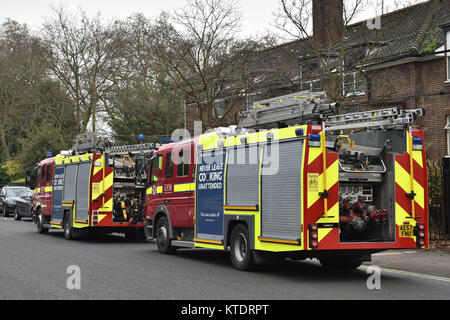 Fire engines außerhalb von London Zoo, wo die Feuerwehrmänner eine Flamme an Abenteuer Café und Shop in der Nähe der Erdmännchen Gehäuse besucht. Stockfoto