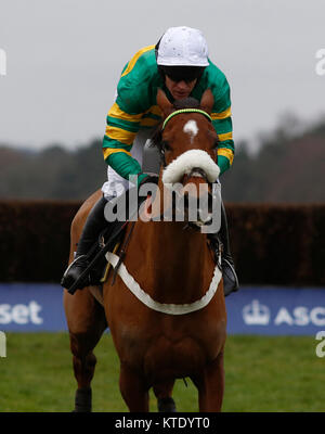 Coney Island geritten von Barry Geraghty führen Adrien Du Pont und Sam Twiston-Davies vom letzten Zaun auf, bevor Sie die sodexo Graduierung Steeple Chase Rennen bei Tag zwei der Weihnachten Rennwochenende in Ascot Pferderennbahn zu gewinnen. Stockfoto