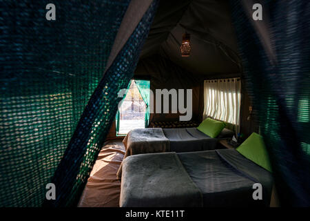 Zelt Innenraum an Huab unter Leinwand, Damaraland, Namibia, Afrika Stockfoto