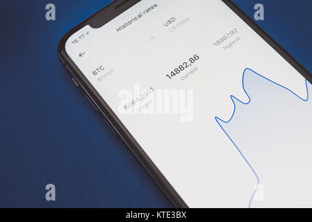 KAUNAS, Litauen - 23. Dezember 2017: Wechselkurs von Bitcoin. Klappbarer der Revolut App auf dem iPhone X Bildschirm. Crypto Währungen Konzept. Stockfoto