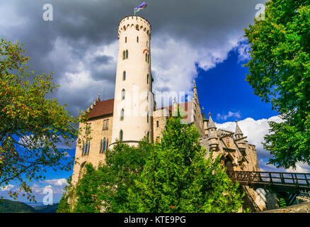 Eindrucksvolle Burg Liechtenstein, Panoramaaussicht, Deutschland. Stockfoto