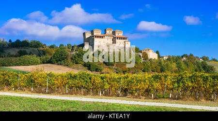 Beeindruckende Torrechiara Burg, mit Blick auf Weinberge, in der Nähe von Parma, Emilia Romagna, Italien. Stockfoto