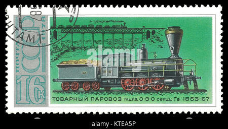 Udssr - Stempel 1978: Colour Edition zur Geschichte der Russischen Lokomotiven, zeigt Güterzuglokomotive 1863 Stockfoto