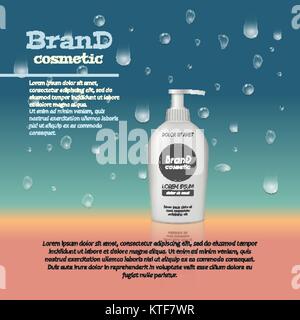 3D realistische kosmetische Flasche ads Vorlage. Kosmetische Marke Werbung Konzept Design mit Wasser blasen und Wassertropfen Hintergrund. Stock Vektor