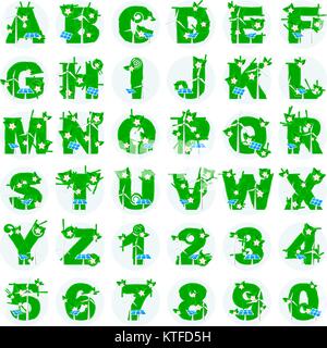 Grünes Wachstum Vektor Alphabet. Briefe mit Blättern und Sprossen. Solarzellen und Windmühlen Symbole. Stock Vektor