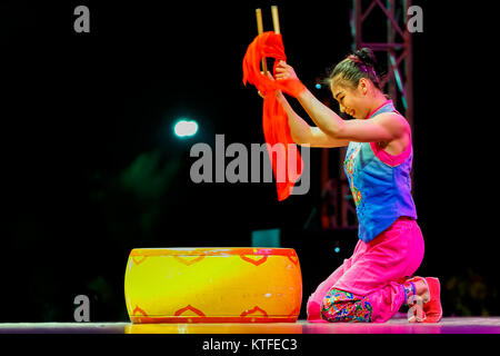 BANGKOK, THAILAND - 20. FEBRUAR 2016: Jinan acrobatic troupe in Rama IX Park in einem chinesischen Neujahrsfest. Die Gruppe ist eine der Bes Stockfoto