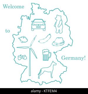 Vector Illustration mit verschiedenen Symbolen in Deutschland. Reisen und Freizeit. Design für Banner, Poster oder Drucken. Stock Vektor