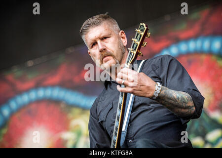 Die amerikanische metal band Mastodon führt ein Live Konzert in der norwegischen Musik Festival Øyafestivalen 2016 in Oslo. Hier Gitarrist Bill Kelliher gesehen wird live auf der Bühne. Norwegen, 11/08 2016. Stockfoto