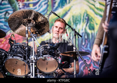 Die amerikanische metal band Mastodon führt ein Live Konzert in der norwegischen Musik Festival Øyafestivalen 2016 in Oslo. Hier Schlagzeuger Brann Dailor wird gesehen, live auf der Bühne. Norwegen, 11/08 2016. Stockfoto