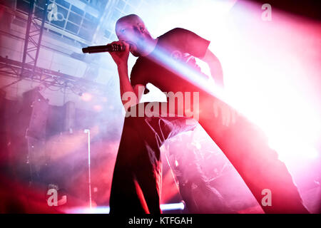 Die Schwedische extreme Metal Band Meshuggah führt ein Live Konzert am Rockefeller in Oslo. Hier Sänger Jens Kidman ist live auf der Bühne gesehen. Norwegen, 08.05 2013. Stockfoto