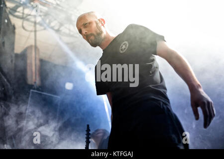 Die Schwedische extreme Metal Band Meshuggah führt ein Live Konzert am Rockefeller in Oslo. Hier Sänger Jens Kidman ist live auf der Bühne gesehen. Norwegen, 08.05 2013. Stockfoto