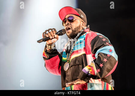 Der amerikanische Rap duo OutKast führt ein Live Konzert in der norwegischen Musik Festival Øyafestivalen 2014. Das Atlanta - gegründete Gruppe besteht aus den beiden Rappern André 3000 und Big Boi (abgebildet). Norwegen, 07.08.2014. Stockfoto