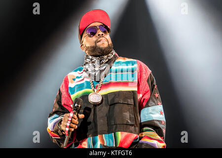 Der amerikanische Rap duo OutKast führt ein Live Konzert in der norwegischen Musik Festival Øyafestivalen 2014. Das Atlanta - gegründete Gruppe besteht aus den beiden Rappern André 3000 und Big Boi (abgebildet). Norwegen, 07.08.2014. Stockfoto