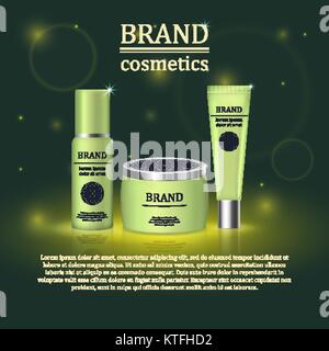 3D realistische kosmetische Flasche ads Vorlage. Kosmetische Marke Werbung Konzept Design mit glitzert und bokeh Hintergrund. Stock Vektor