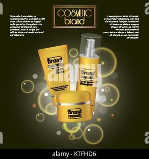 3D realistische kosmetische Flasche ads Vorlage. Kosmetische Marke Werbung Konzept Design mit Blasen und funkelt. Stock Vektor