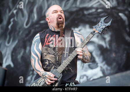 Die amerikanische Thrash Metal Band Slayer führt ein Live Konzert in der schwedischen Musik Festival Sweden Rock Festival 2016. Hier Gitarrist Kerry King live auf der Bühne zu sehen ist. Schweden, 09.06 2016. Stockfoto