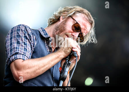 Die amerikanische Indie-Rock-Band der Nationalen führt ein Live Konzert in der norwegischen Musik Festival Øyafestivalen 2014. Hier Sänger und Songwriter Matt Berninger wird gesehen, live auf der Bühne. Norwegen, 06.08.2014. Stockfoto