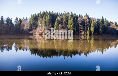 Kaisersbach, Deutschland. 25 Dez, 2017. Bäume spiegeln sich in Ebnisee See in der Nähe von Kaisersbach, Deutschland, 25. Dezember 2017. Credit: Christoph Schmidt/dpa/Alamy leben Nachrichten Stockfoto