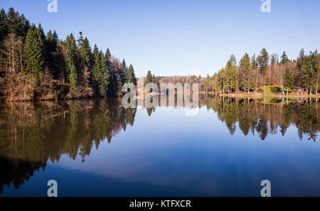 Kaisersbach, Deutschland. 25 Dez, 2017. Bäume spiegeln sich in Ebnisee See in der Nähe von Kaisersbach, Deutschland, 25. Dezember 2017. Credit: Christoph Schmidt/dpa/Alamy leben Nachrichten Stockfoto