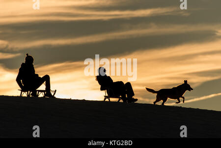 Horben, Deutschland. 25 Dez, 2017. Ein paar mit Hund beim Bergabfahren auf Schlitten in der Nähe von Horben, Deutschland, 25. Dezember 2017. Quelle: Patrick Seeger/dpa/Alamy leben Nachrichten Stockfoto