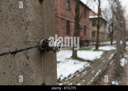 AUSCHWITZ, Polen - Dezember 2017; Detail der elektrischen Zaun im Konzentrationslager. Stockfoto