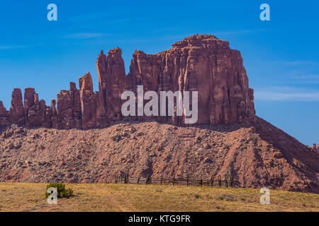 Historische corral für Rinder grasen in, was jetzt Indian Creek National Monument, früher Teil der Bären Ohren National Monument, im südlichen Utah, USA Stockfoto