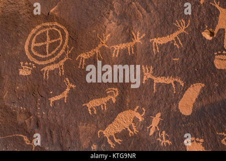 Tier Petroglyphen von Ute Leute in der Nähe von Newspaper Rock in Indian Creek National Monument, im südlichen Utah, USA Stockfoto