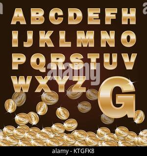 Golden metallisch glänzend Buchstaben und Münzen auf dunklem Hintergrund. Stock Vektor