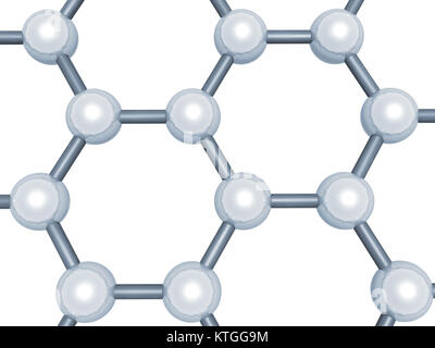 Graphenschicht Fragment, schematische molekularen Modell, sechseckigen Gitter aus Carbon Atome auf weißem Hintergrund, 3D-Rendering illustration Stockfoto