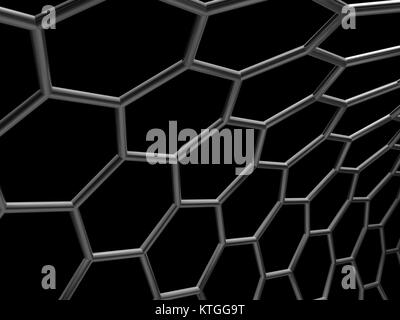 Hexagonal mesh Struktur auf schwarzem Hintergrund isoliert. 3D-Darstellung Stockfoto