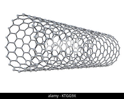 Carbon nanotubes Molekülstruktur, Atome in gewickelt hexagonalen Gitter auf weißem Hintergrund, 3 Abbildung d Stockfoto