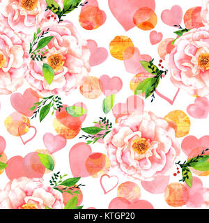 Eine nahtlose Muster mit einem Aquarell Zeichnung eines blühenden rosa Rose mit grünen Zweige und Blätter, die Hand auf einen weißen Hintergrund mit Blatt mus lackiert Stockfoto