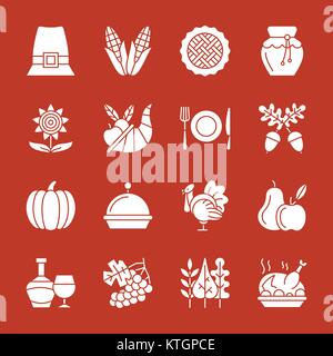 Thanksgiving Tag weiße Silhouette Icon Set. Monochrome flache Design symbol Collection. Kürbis, Füllhorn, Türkei, Gemüse, urlaub Symbol. Ernte Stock Vektor