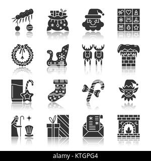 Weihnachten, Neujahr schwarze Silhouette mit Reflexion Icon Set. Monochrome flache Design symbol Collection. Einfache grafische Piktogramm pack Vektor isoliert Stock Vektor