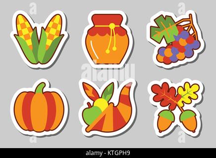 Thanksgiving Symbol Sticker Set Vector Illustration Flat Style Farbe patch Sammlung für Abzeichen, Web, Banner, Drucken, Markieren, Beschriften Sie isoliert, Poster Stock Vektor