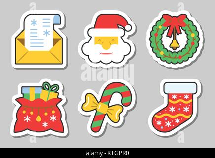 Weihnachten, Neujahr Symbol Sticker Set isoliert Vektor-illustration Flat Style Farbe patch Sammlung für Abzeichen, Web, Banner, Drucken, Markieren, Beschriften, Stock Vektor