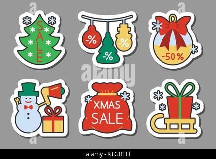 Weihnachtszeit Verkauf icon Sticker Set. Flat Style Farbe Spiel Abzeichen, Web, Werbung, Banner, Wirtschaft, Emblem, Logo, Print, Tags, Etiketten, Poster, Coupon isol Stock Vektor