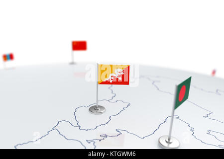 Bhutan Flagge. Landesflagge mit Chrom Fahnenmast auf der Weltkarte mit Nachbarn Länder grenzen. 3D-Illustration Rendering Stockfoto