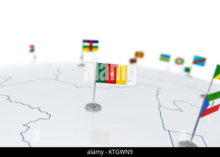 Kamerun Flagge. Landesflagge mit Chrom Fahnenmast auf der Weltkarte mit Nachbarn Länder grenzen. 3D-Illustration Rendering Stockfoto