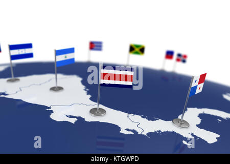 Costa Rica Flagge. Landesflagge mit Chrom Fahnenmast auf der Weltkarte mit Nachbarn Länder grenzen. 3D-Illustration Rendering Stockfoto
