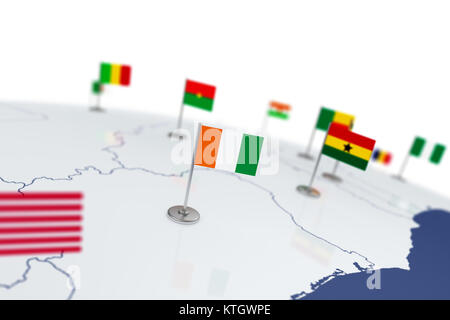 Cote divoire Flagge. Landesflagge mit Chrom Fahnenmast auf der Weltkarte mit Nachbarn Länder grenzen. 3D-Illustration Rendering Stockfoto