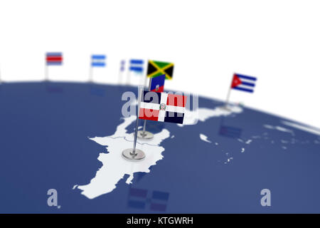 Dominikanische Republik Flagge. Landesflagge mit Chrom Fahnenmast auf der Weltkarte mit Nachbarn Länder grenzen. 3D-Illustration Rendering Stockfoto