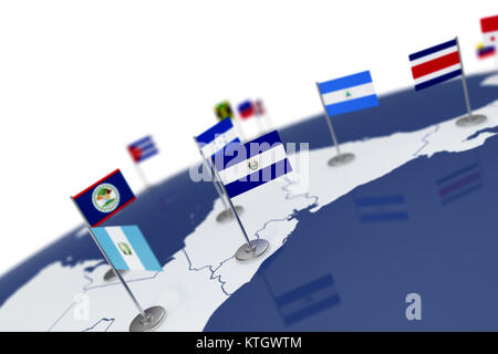 El Salvador Flagge. Landesflagge mit Chrom Fahnenmast auf der Weltkarte mit Nachbarn Länder grenzen. 3D-Illustration Rendering Stockfoto