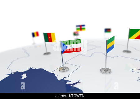 Äquatorialguinea Flagge. Landesflagge mit Chrom Fahnenmast auf der Weltkarte mit Nachbarn Länder grenzen. 3D-Illustration Rendering Stockfoto