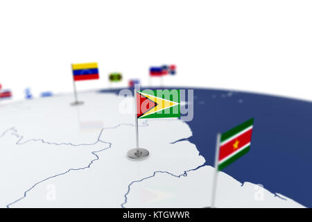 Guyana Flagge. Landesflagge mit Chrom Fahnenmast auf der Weltkarte mit Nachbarn Länder grenzen. 3D-Illustration Rendering Stockfoto