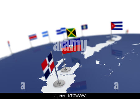 Haiti Flagge. Landesflagge mit Chrom Fahnenmast auf der Weltkarte mit Nachbarn Länder grenzen. 3D-Illustration Rendering Stockfoto