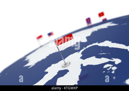 Indonesien Flagge. Landesflagge mit Chrom Fahnenmast auf der Weltkarte mit Nachbarn Länder grenzen. 3D-Illustration Rendering Stockfoto