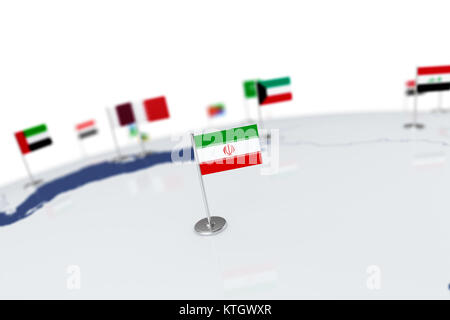 Iran Flagge. Landesflagge mit Chrom Fahnenmast auf der Weltkarte mit Nachbarn Länder grenzen. 3D-Illustration Rendering Stockfoto