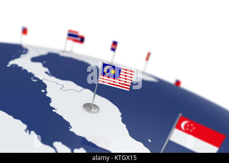 Malaysia Fahne. Landesflagge mit Chrom Fahnenmast auf der Weltkarte mit Nachbarn Länder grenzen. 3D-Illustration Rendering Stockfoto