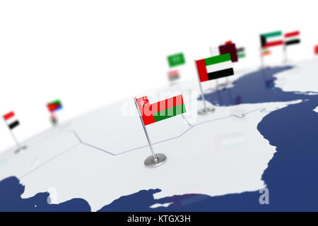 Oman Flagge. Landesflagge mit Chrom Fahnenmast auf der Weltkarte mit Nachbarn Länder grenzen. 3D-Illustration rendering Flagge Stockfoto